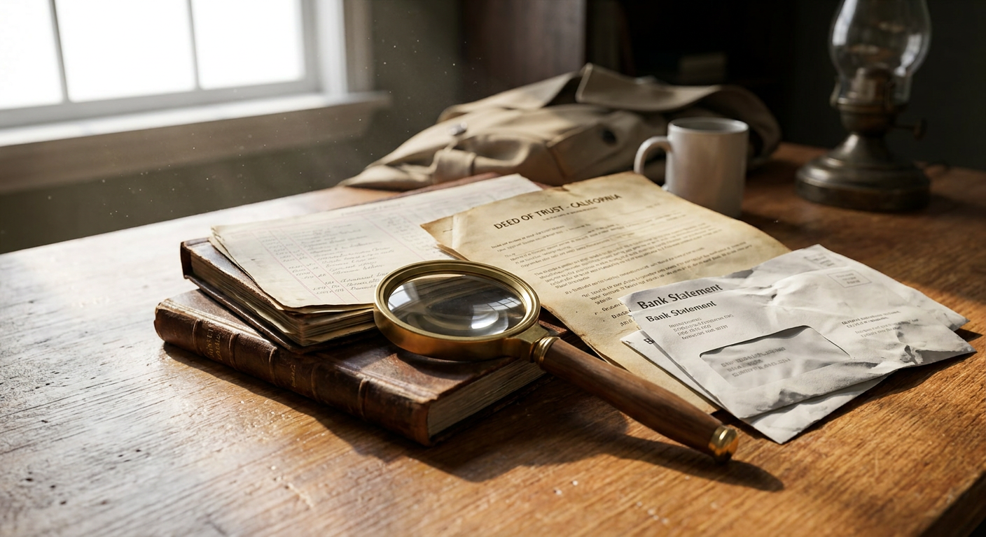 How to Investigate and Recover Missing Estate Assets in California 3 A high-quality close-up of a magnifying glass over various financial documents and a property deed.