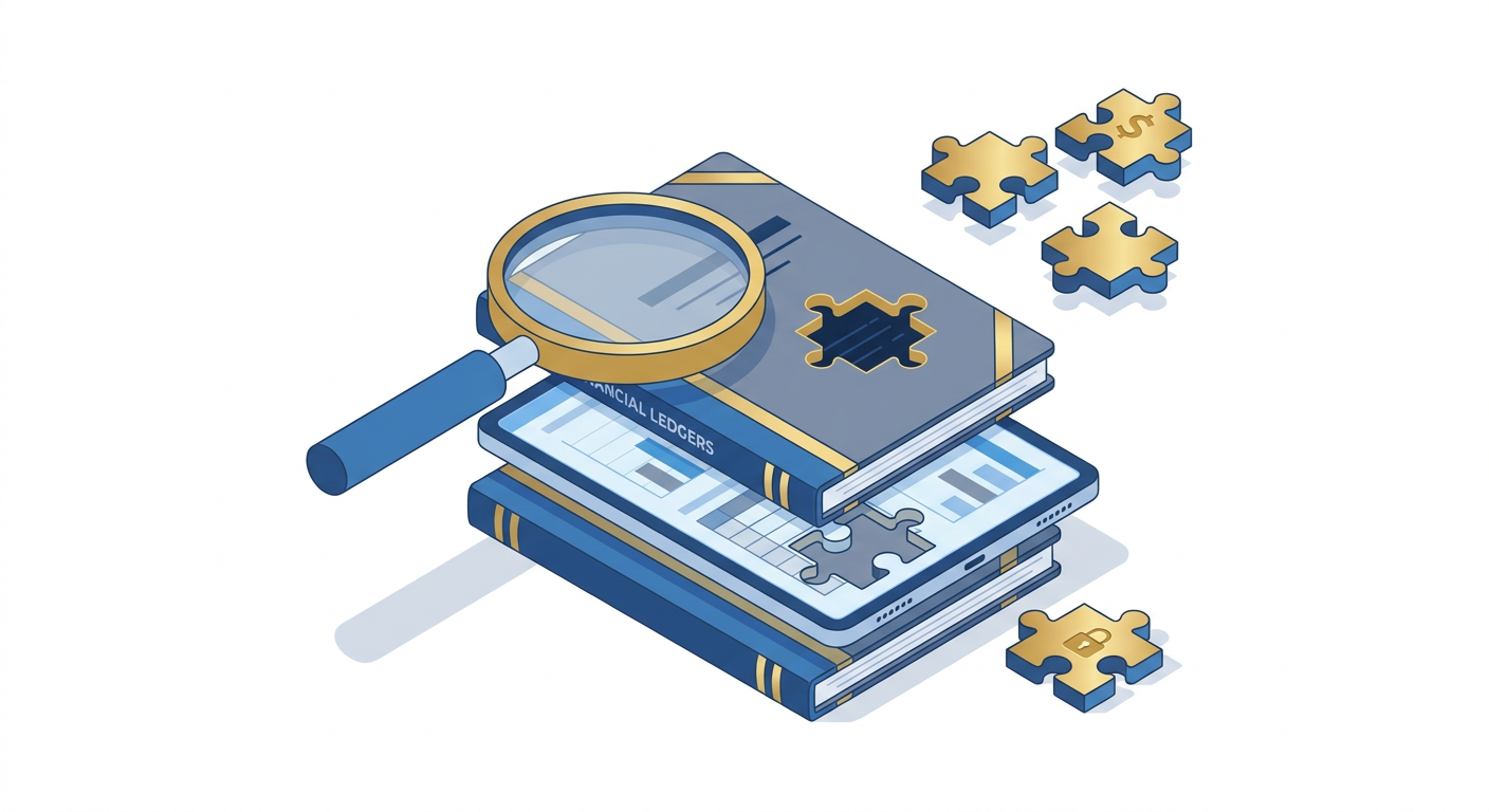 How to Investigate and Recover Missing Estate Assets in California 1 Isometric illustration of forensic document analysis showing missing puzzle pieces