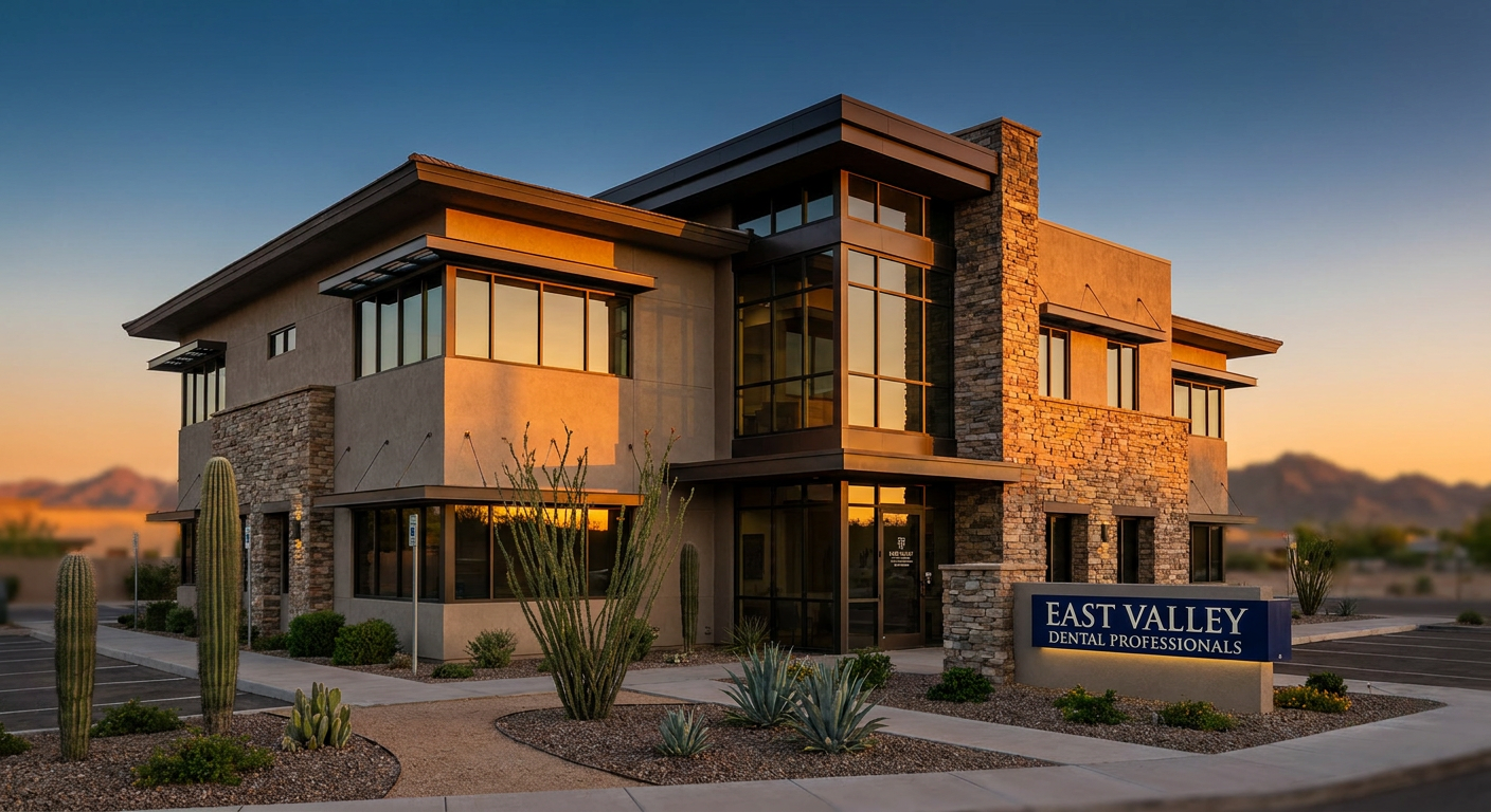 Exterior of East Valley Dental Professionals office in Mesa at sunrise.