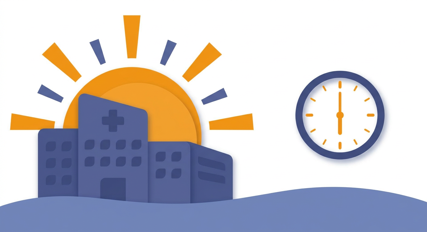 A clean vector illustration showing a sunrise over a suburban street with a clock set to 6:30 AM and a dental office icon.