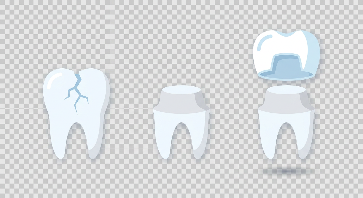 Three-step illustration of a dental crown procedure