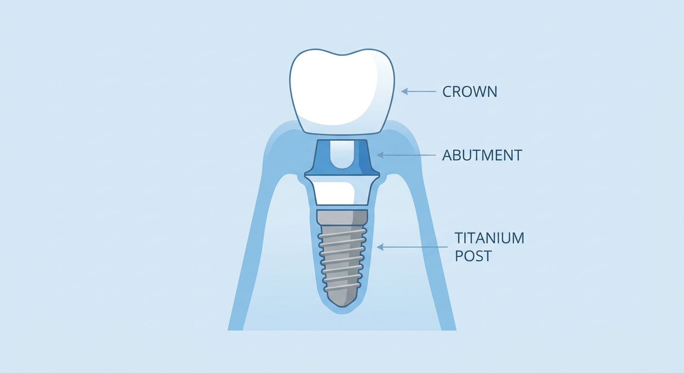 Anatomical cross-section of a dental implant showing layers.