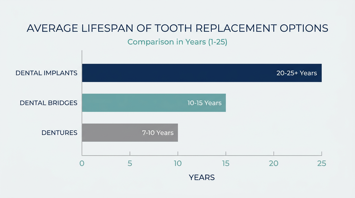 Lifespan comparison chart of dental implants versus bridges and dentures.