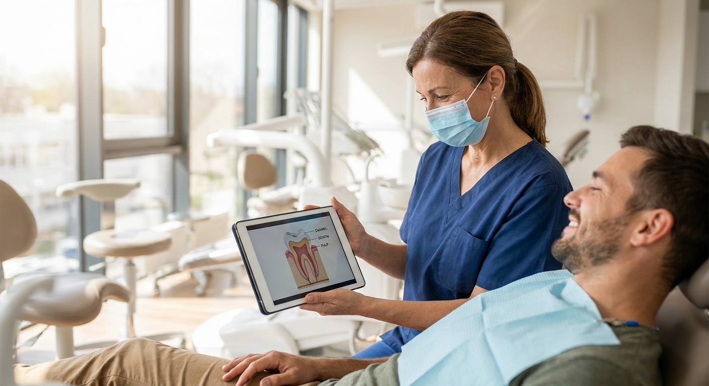 A friendly dentist discussing a digital scan with a patient in a modern office.