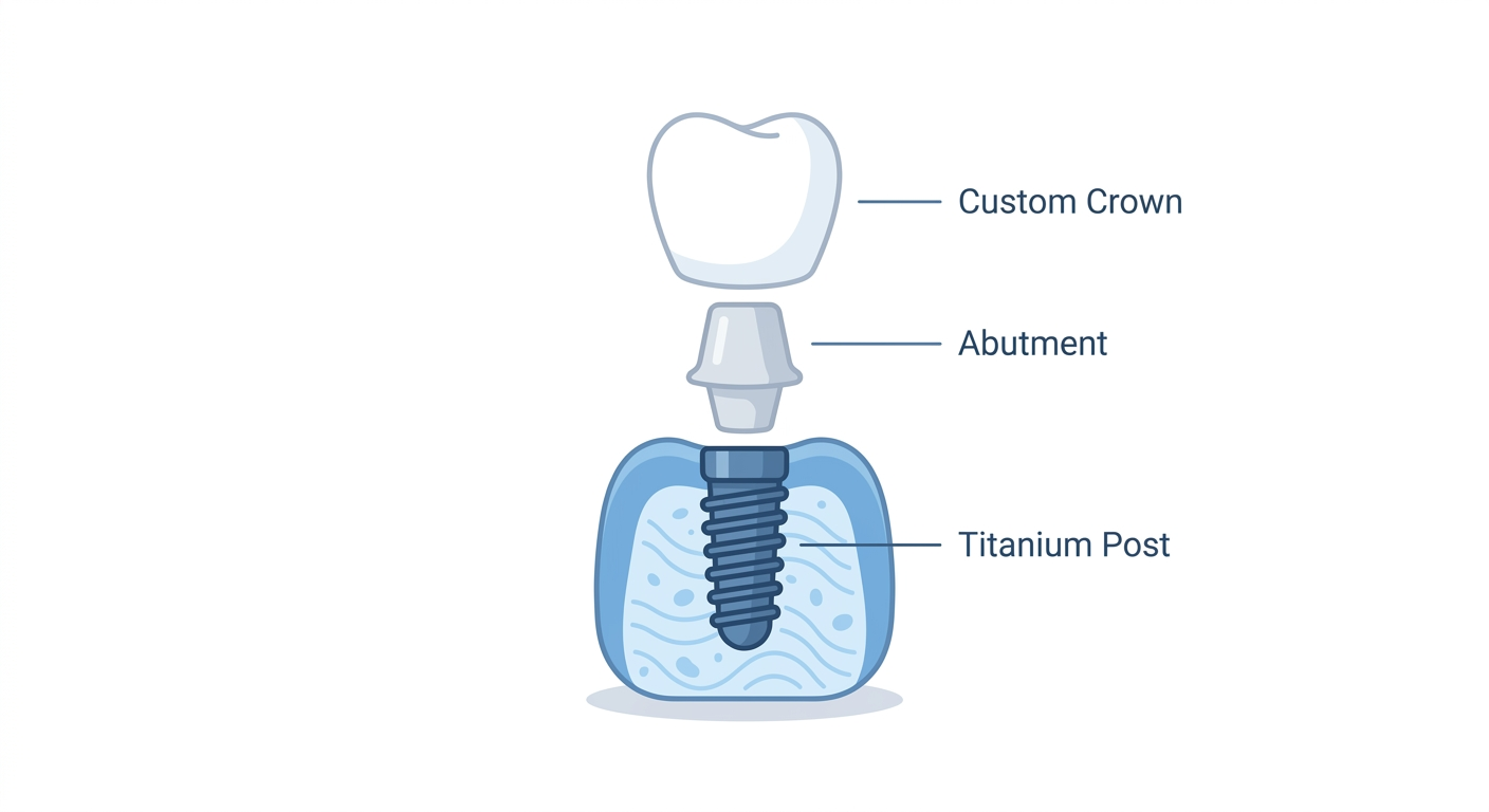 Anatomical diagram of a dental implant assembly.