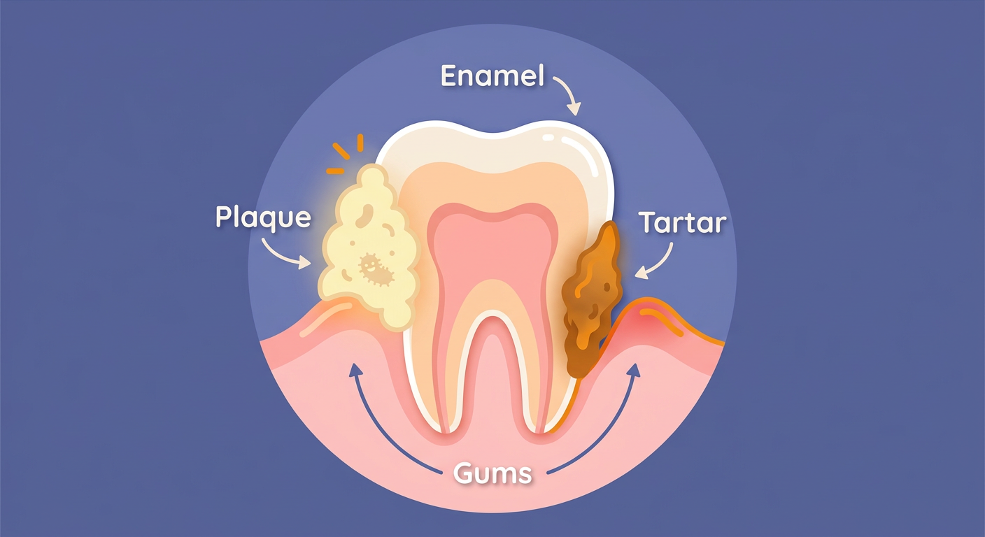 Cross-section illustration of a tooth showing the difference between soft plaque and hardened tartar buildup.