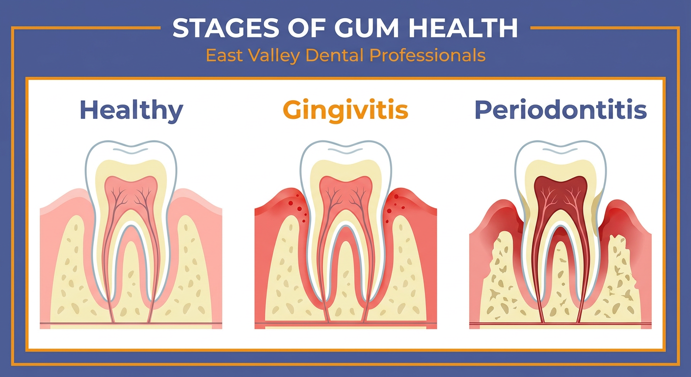 Infographic showing the progression from healthy gums to gingivitis and periodontitis.
