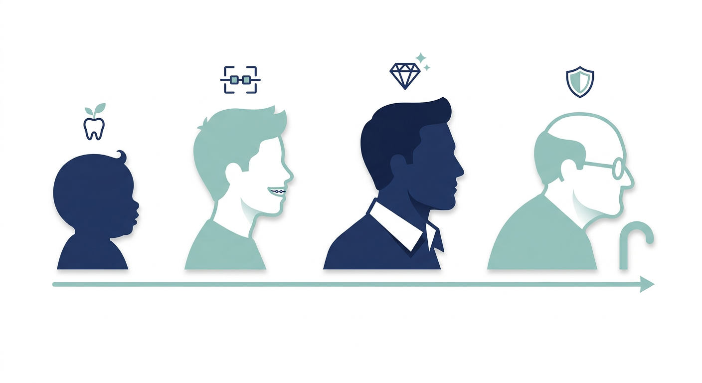 Timeline illustration of dental care stages from childhood to senior years.