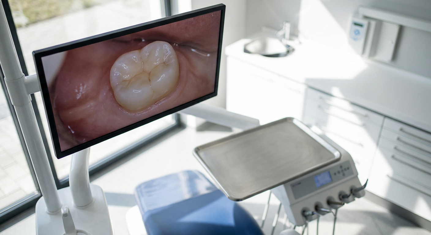 A modern dental exam room featuring digital screens and professional equipment.