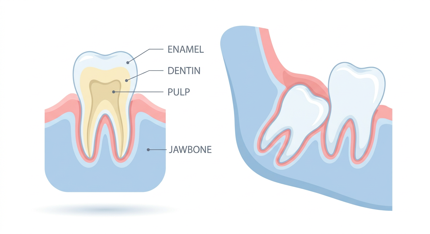 Cross-section illustration of a healthy tooth versus an impacted tooth.