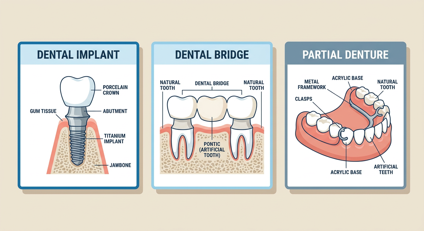 Diagram comparing three tooth replacement options: implant, bridge, and partial denture.