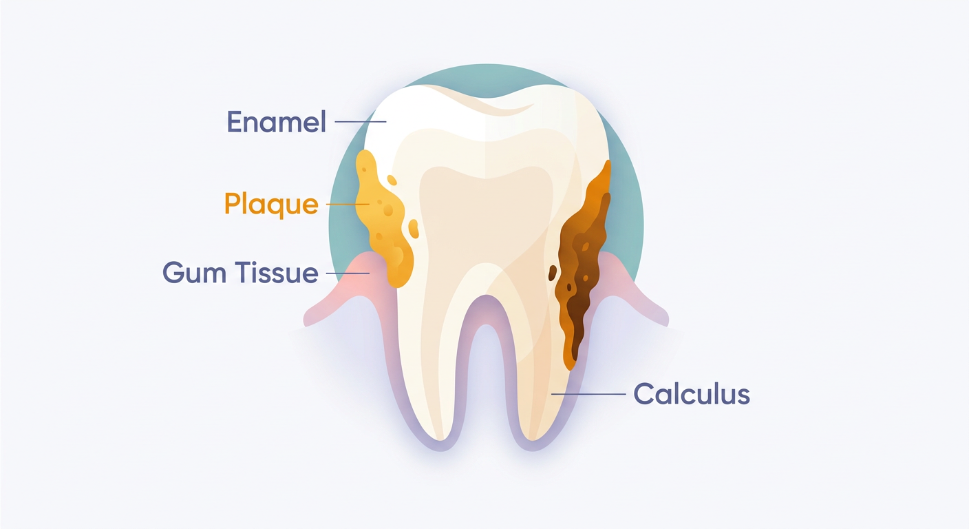 Cross-section illustration of a tooth showing the difference between plaque and tartar buildup.
