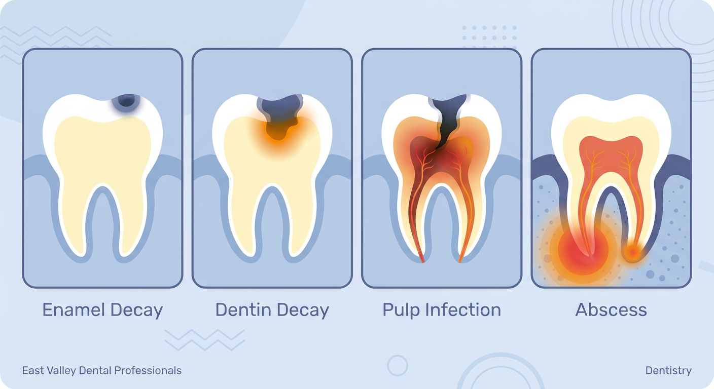 Diagram showing the four stages of tooth decay from a small surface cavity to a deep infection.