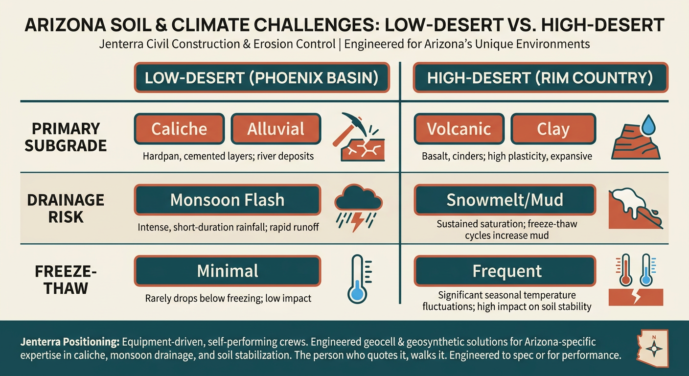 Comparison table showing environmental variables for Low-Desert and High-Desert Arizona road construction.