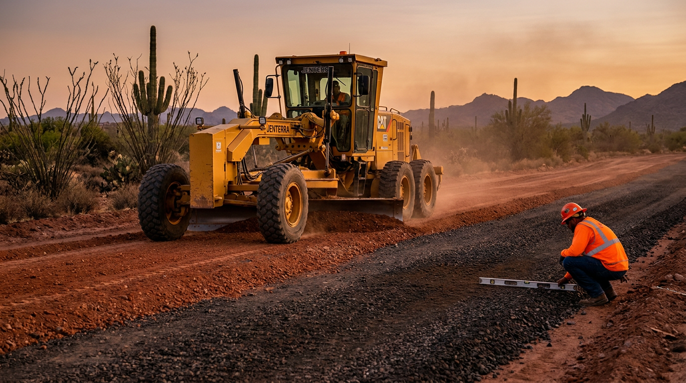 Construction crew using a motor grader for precision laser grading on an Arizona access road.