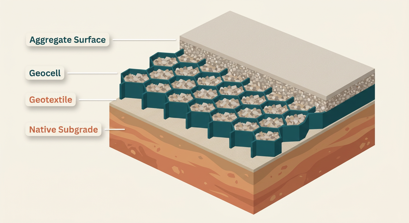 Technical cross-section illustration of a geocell-stabilized road layer.