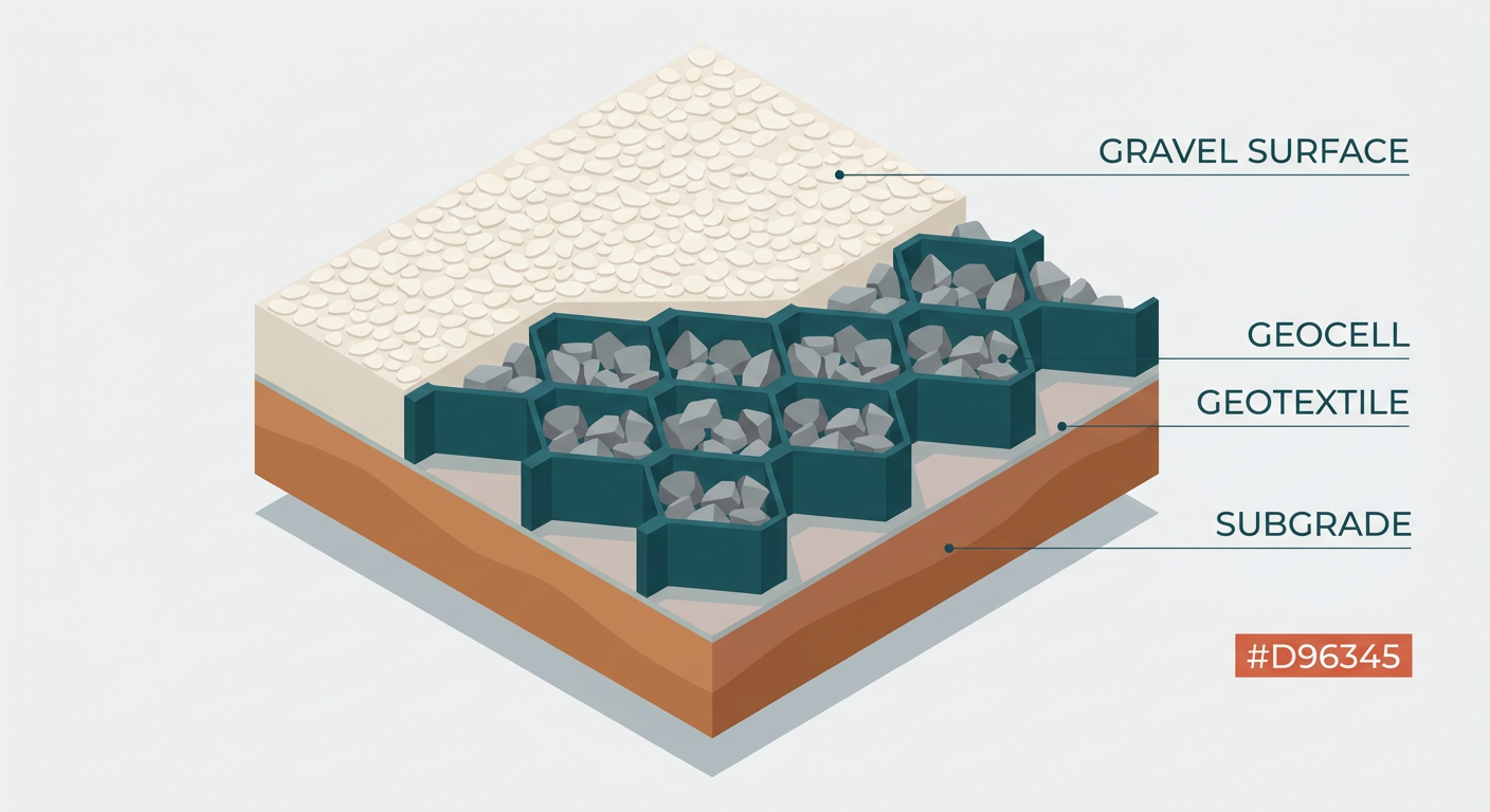 Technical cross-section of a geocell-stabilized permeable RV pad installation.