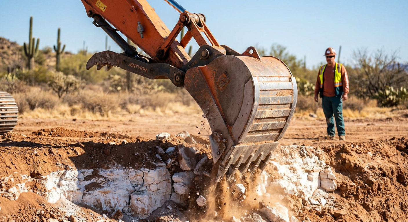 Close-up of an excavator bucket working in white, rocky caliche soil in the Arizona desert.