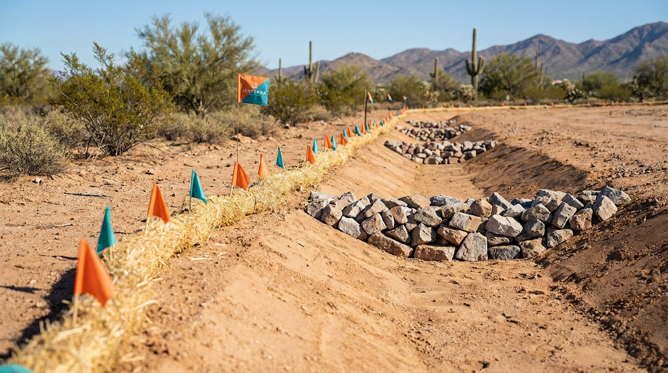 Heavy-duty sediment logs and rock check dams installed along a desert drainage channel.