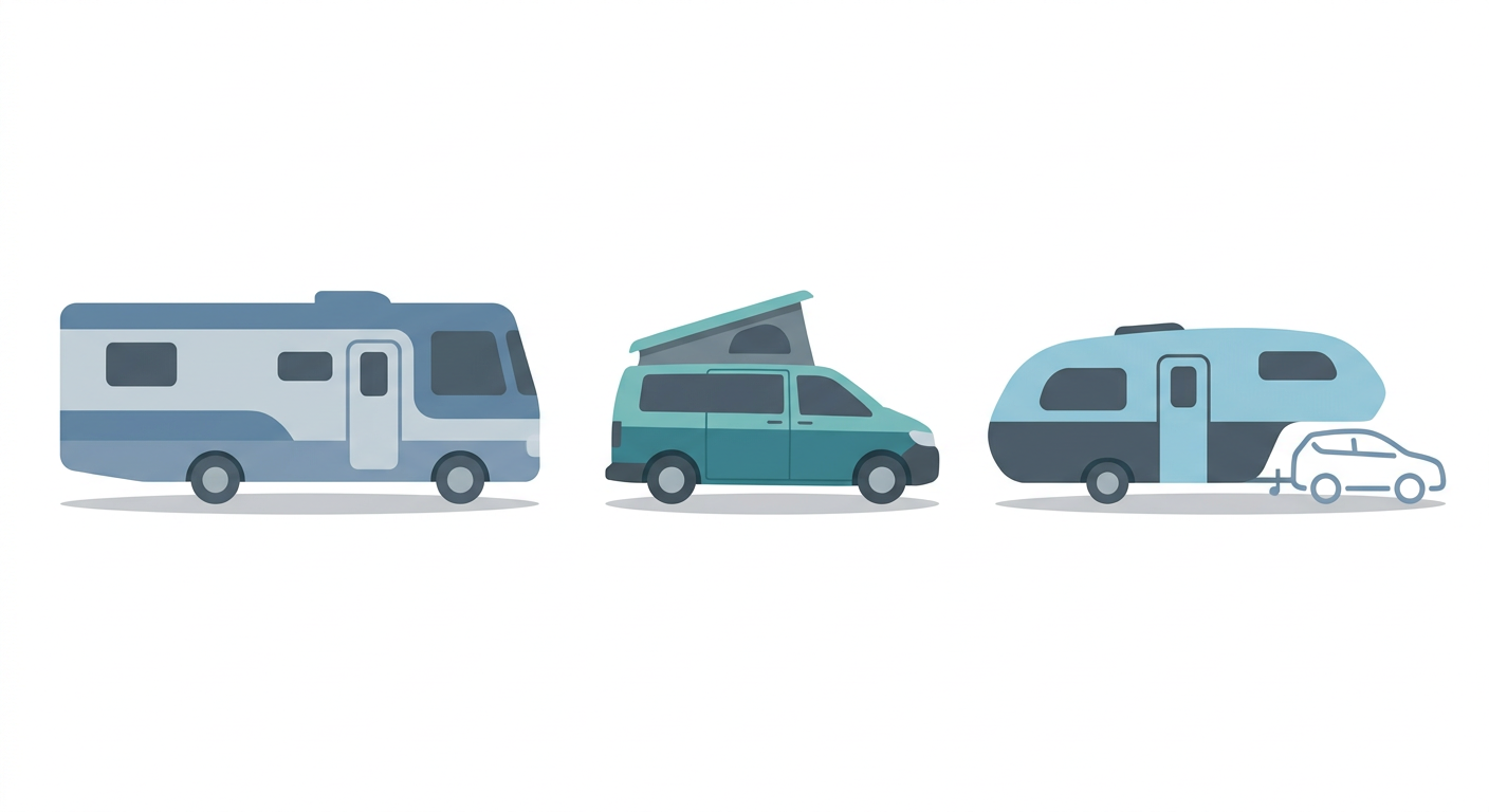 Adventure-Ready: Comprehensive RV Insurance for Arizona Explorers 1 A flat vector illustration comparing a Class A motorhome, a camper van, and a travel trailer.