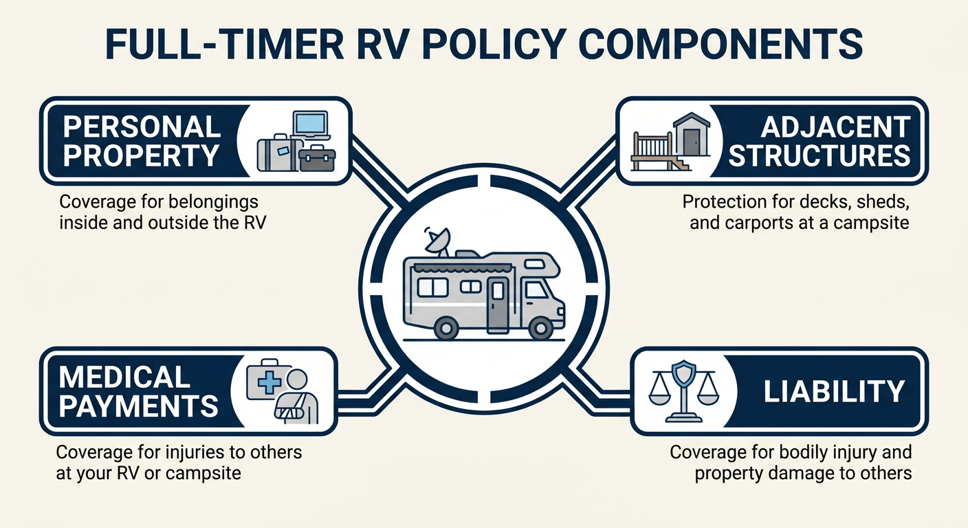 Adventure-Ready: Comprehensive RV Insurance for Arizona Explorers 2 An infographic diagram showing the layers of protection in a Full-Time RV insurance policy.