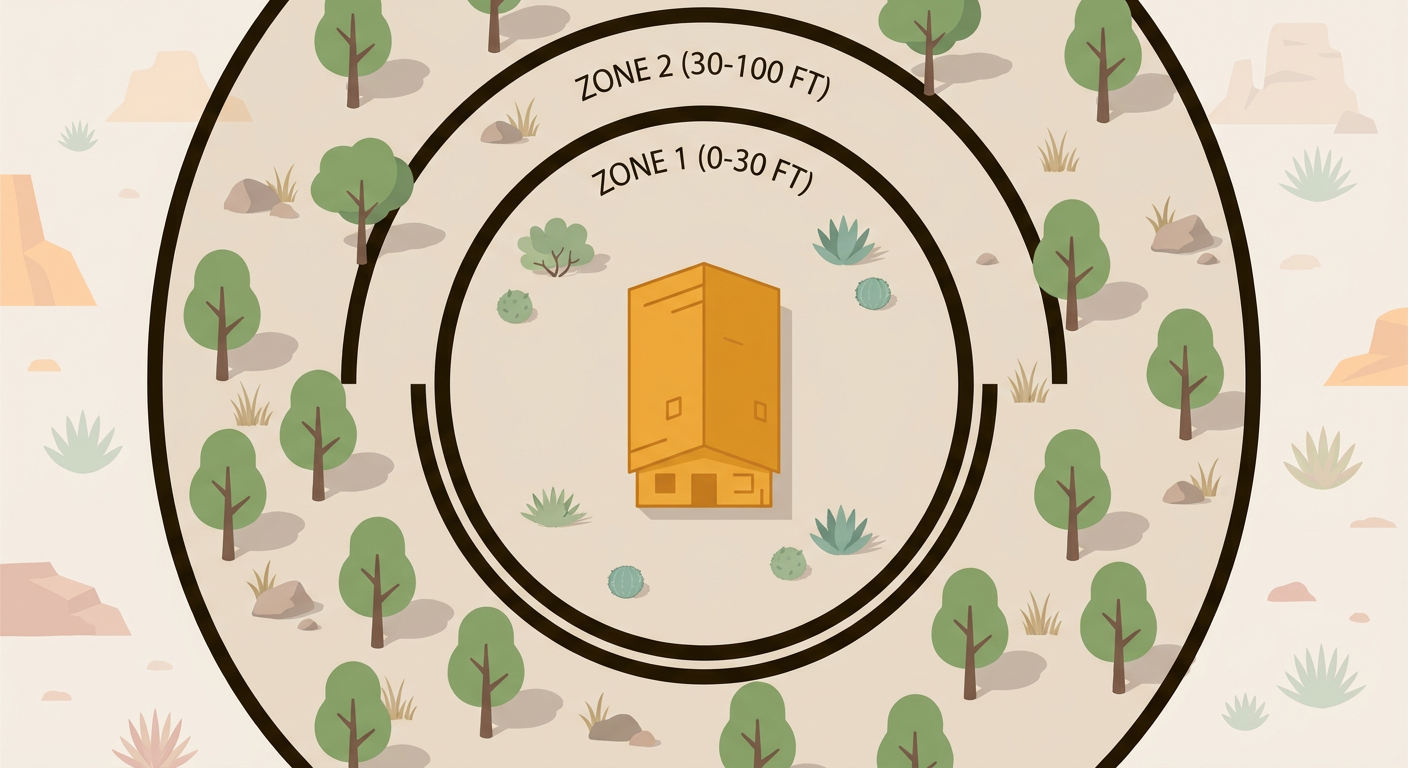 Arizona Cabin Fire Insurance Guide: Protecting High-Risk Wildfire Properties 1 Top-down diagram of a mountain cabin showing 30-foot and 100-foot defensible space zones.