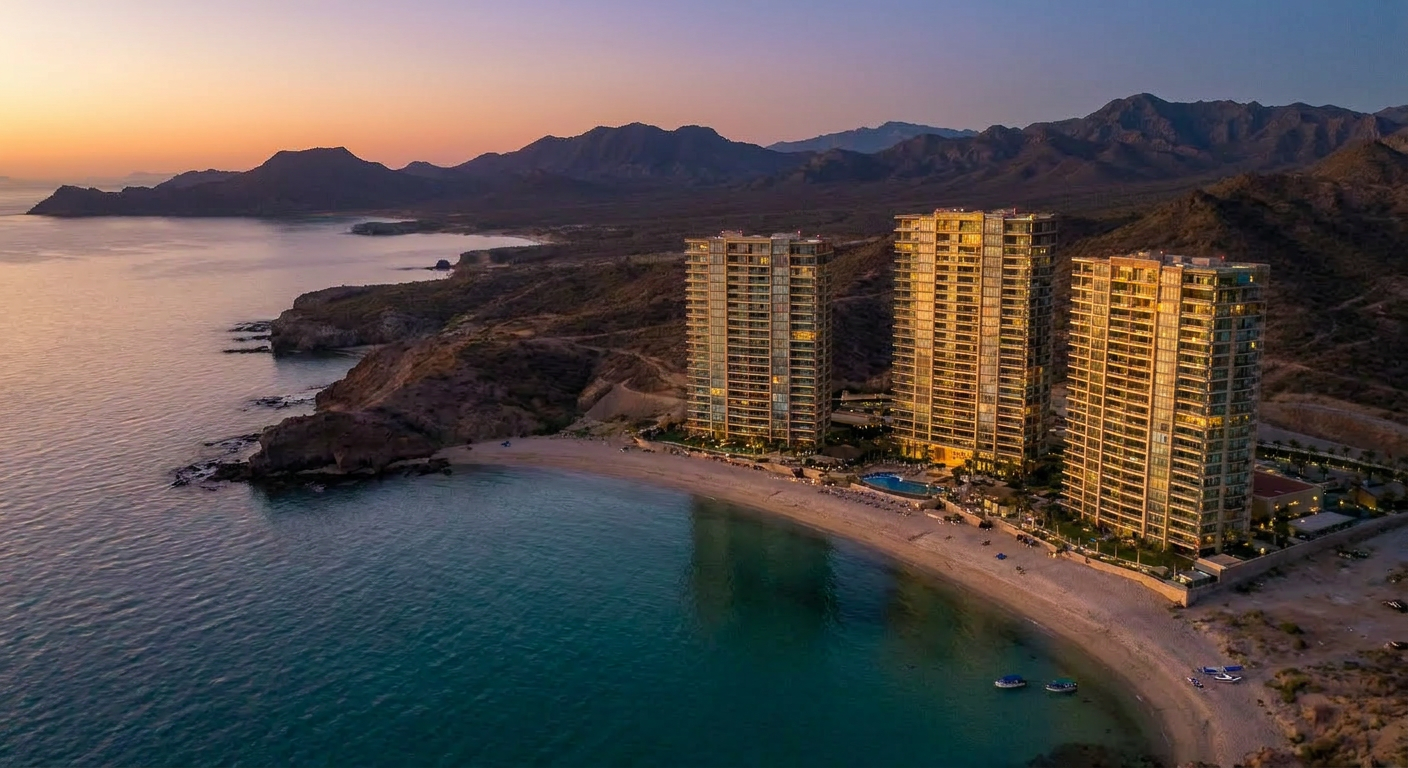 Wide shot of Encantame Towers at sunset highlighting the proximity to the Sea of Cortez