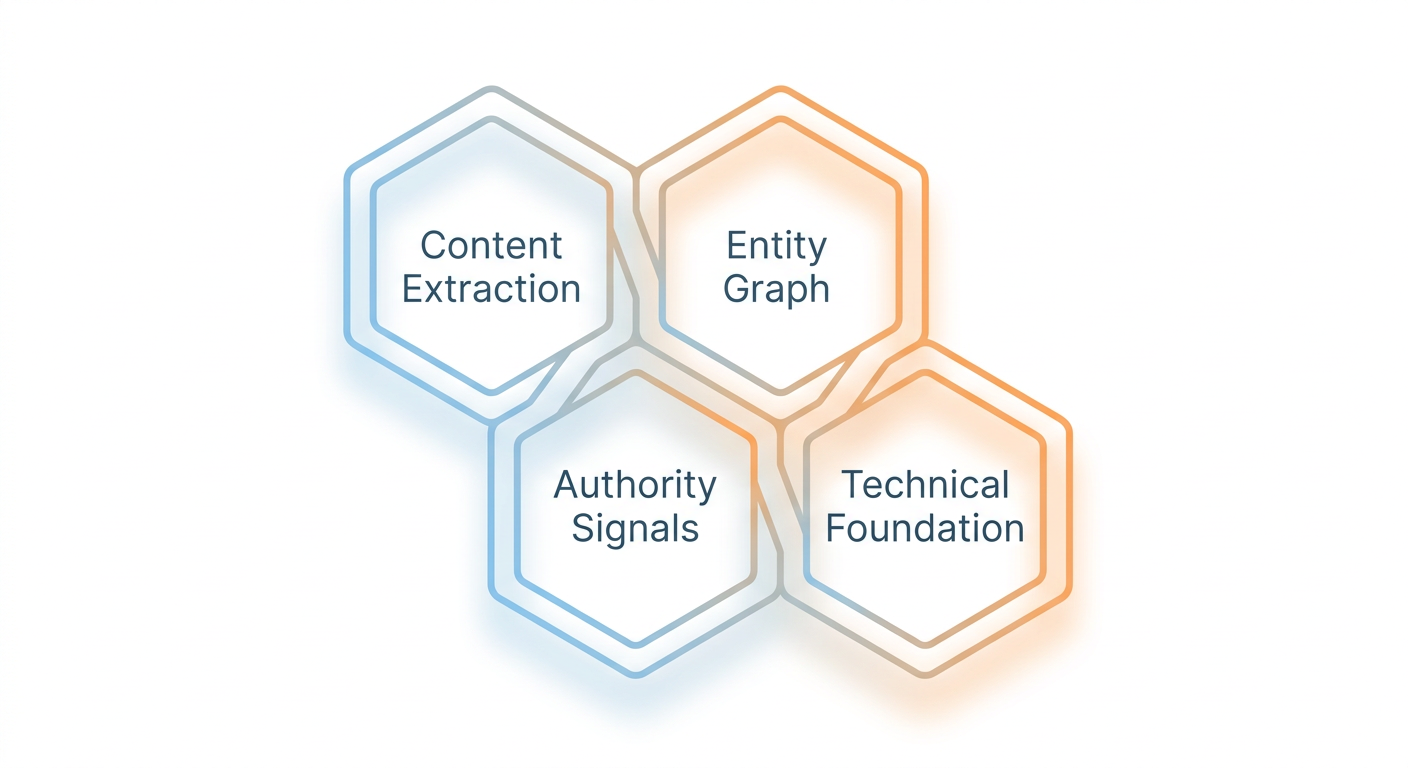 A diagram of the four pillars of AEO: Content, Entities, Authority, and Technical Infrastructure.