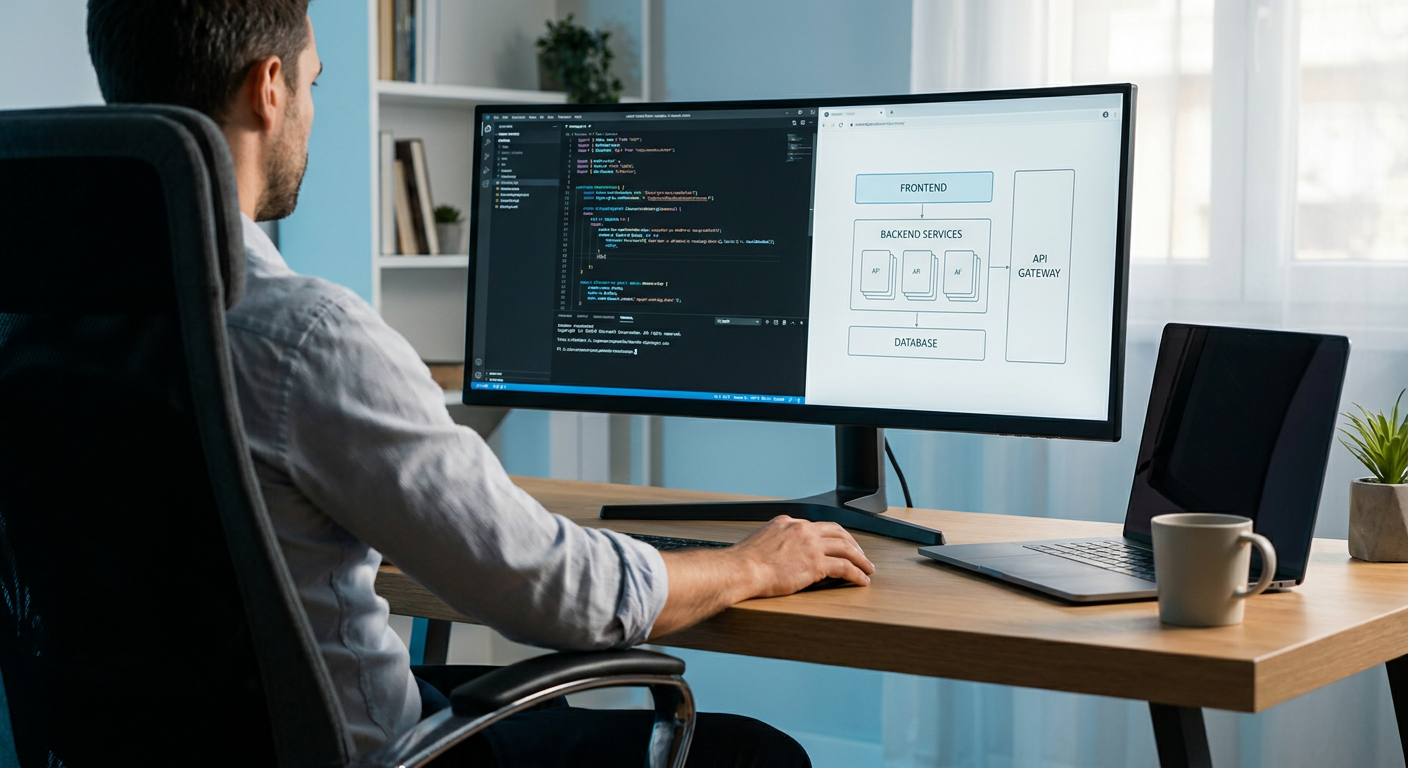 A professional digital marketer reviewing complex data on multiple high-resolution monitors.