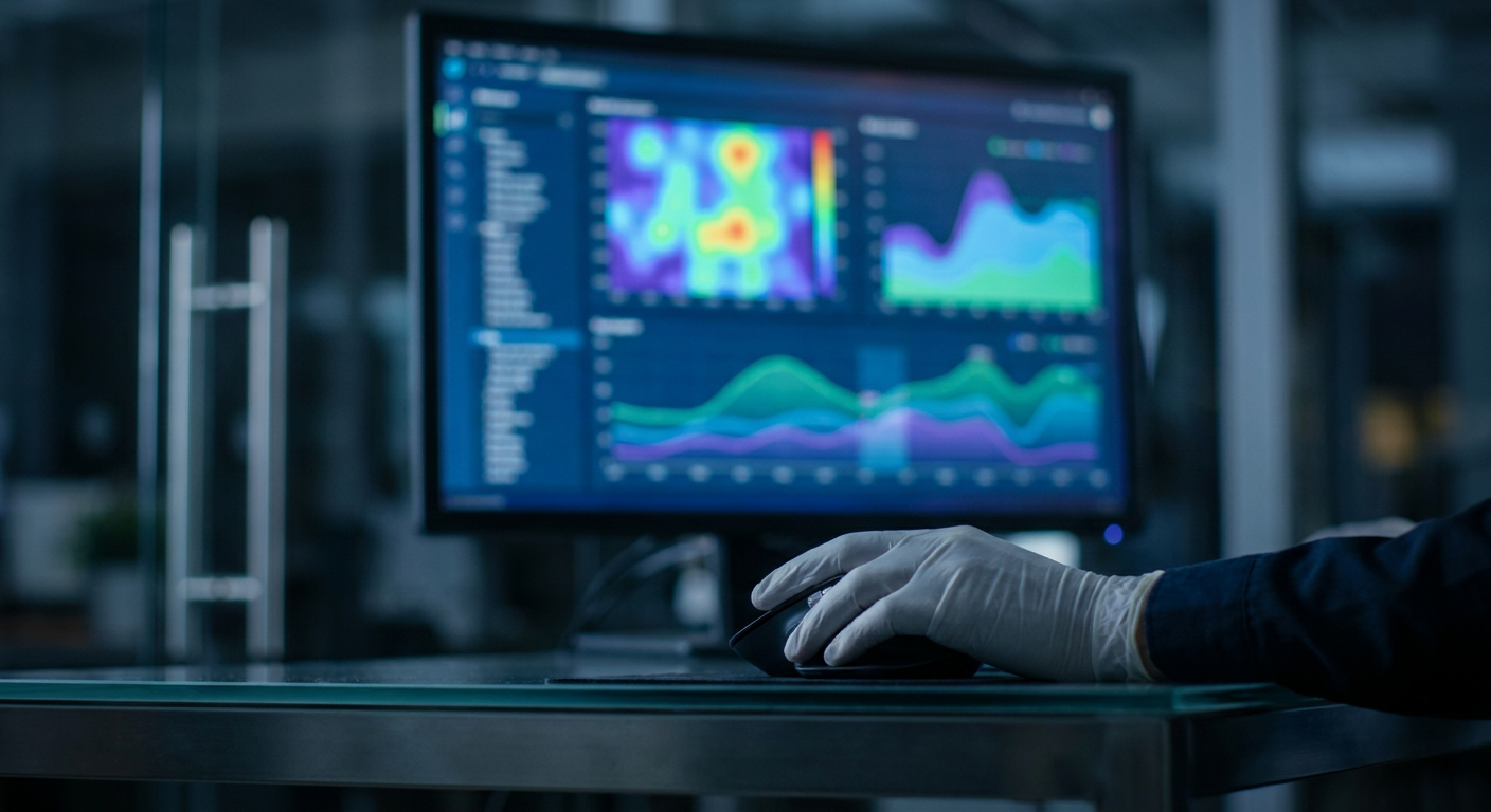 A marketing professional analyzing a multi-location data dashboard on a large monitor.