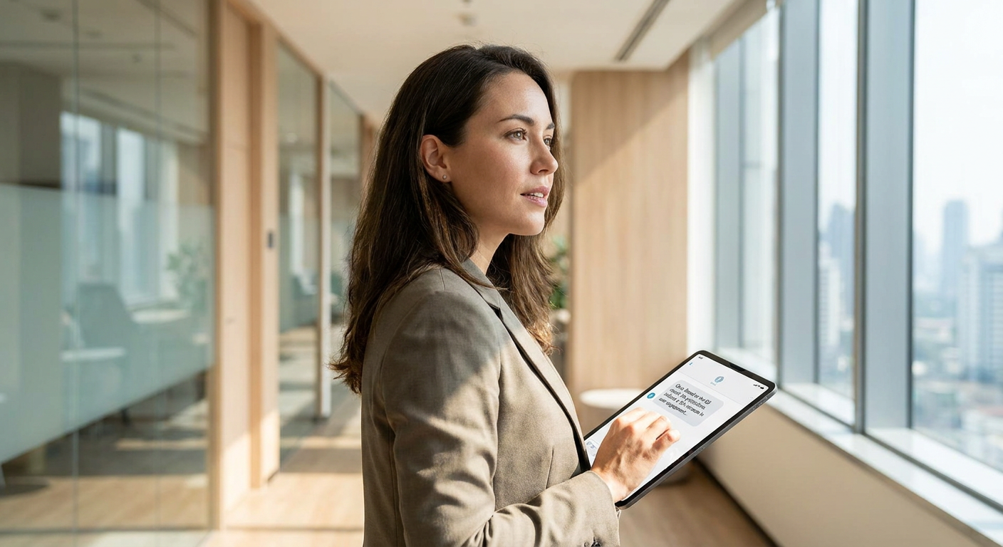 Executive using a tablet to research vendors via AI assistant