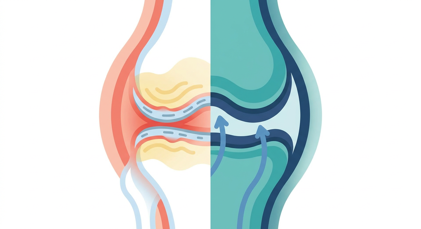 Cross-section illustration of a joint comparing inflammation to regenerative healing