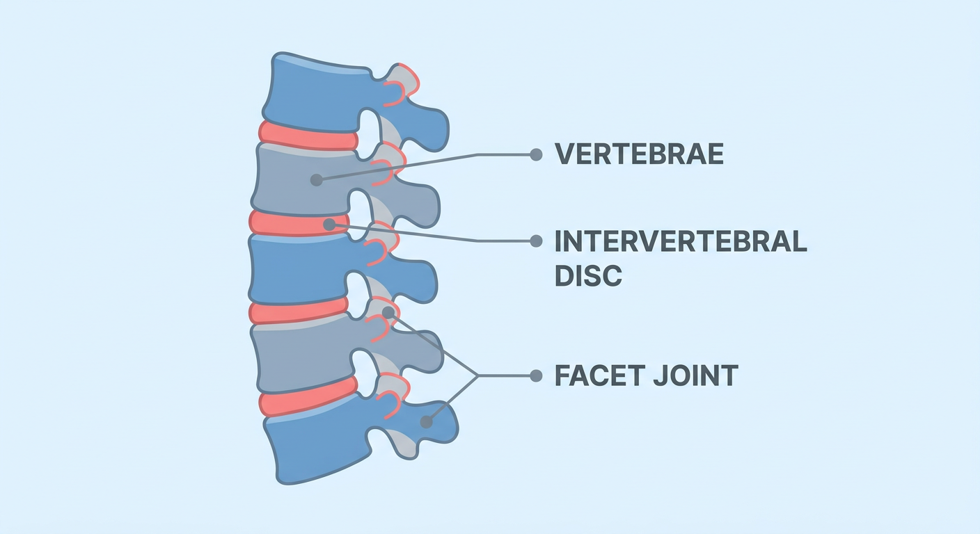 Cross-section illustration of the lumbar spine showing facet joints and discs
