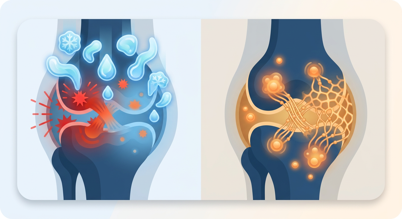 Comparison illustration showing the mechanism of cortisone versus amniotic stem cells in a joint.