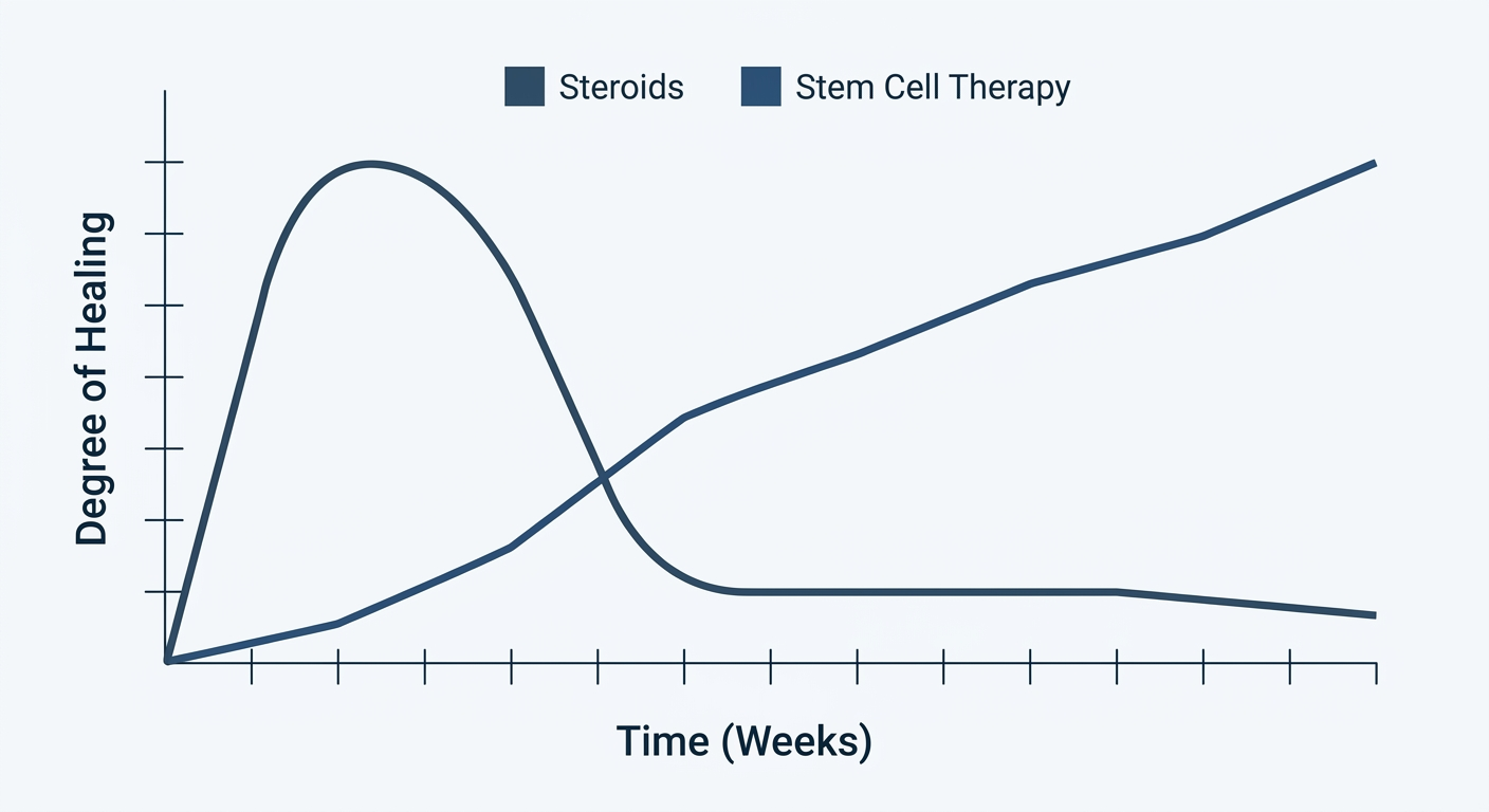 Timeline chart comparing the healing trajectory of regenerative therapy versus traditional steroid injections.
