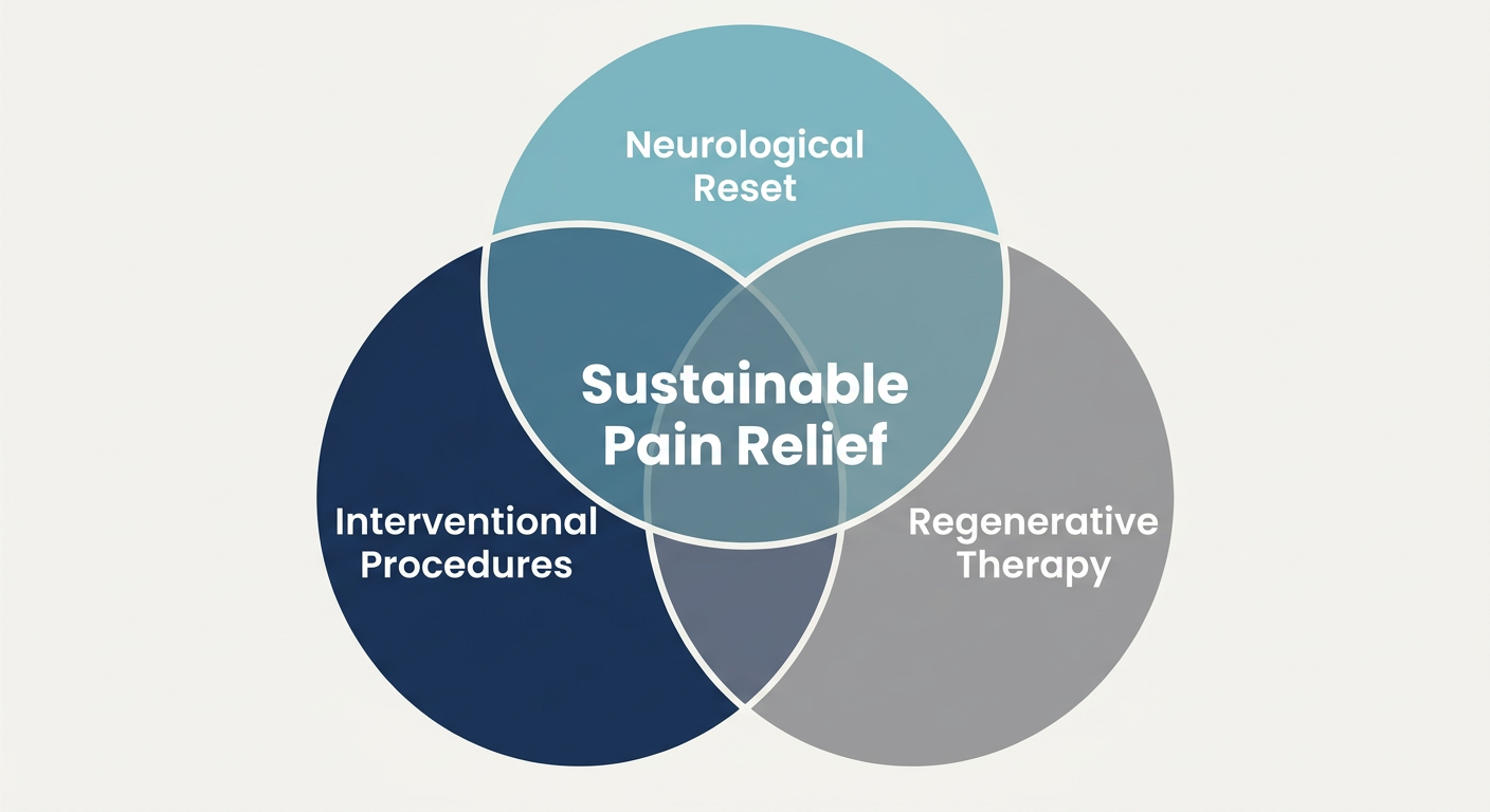 Infographic showing the three pillars of fibromyalgia treatment