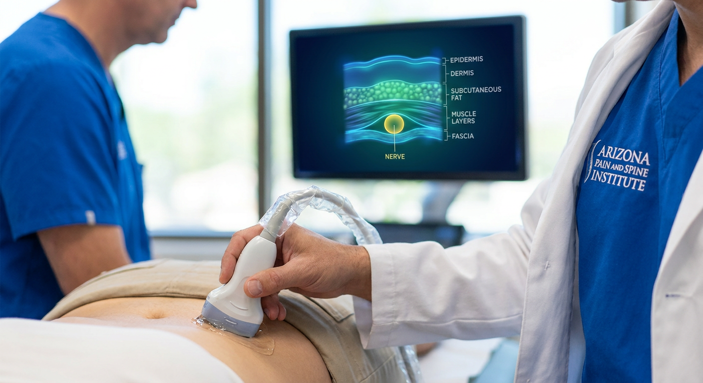 Pain management doctor using ultrasound guidance for a procedure