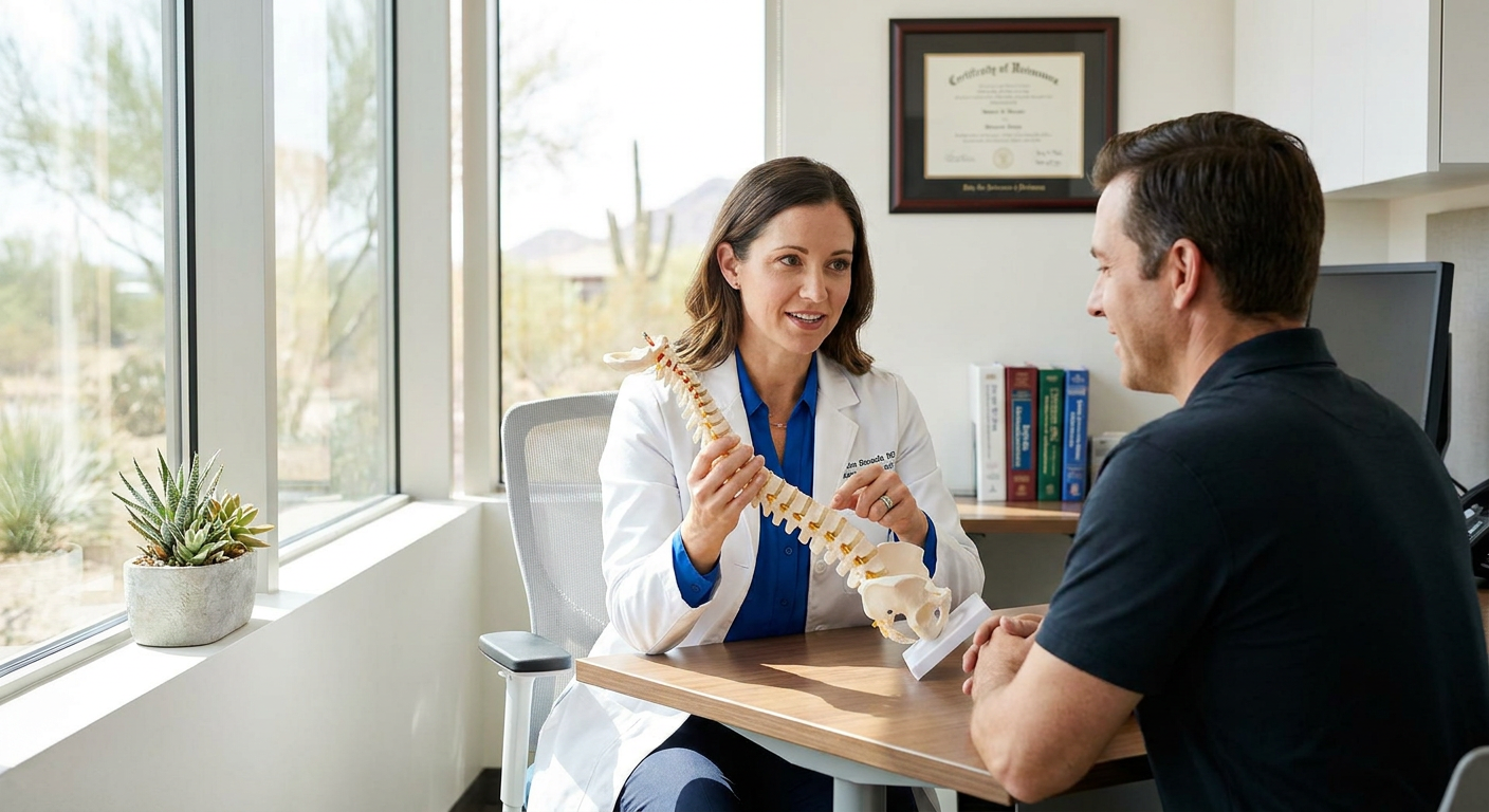 A pain management doctor showing a patient a spinal model during a consultation.