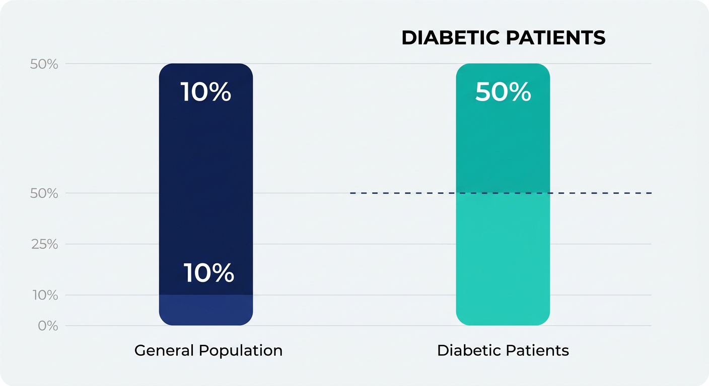 A bar chart comparing the prevalence of neuropathy in diabetic patients versus the general population.