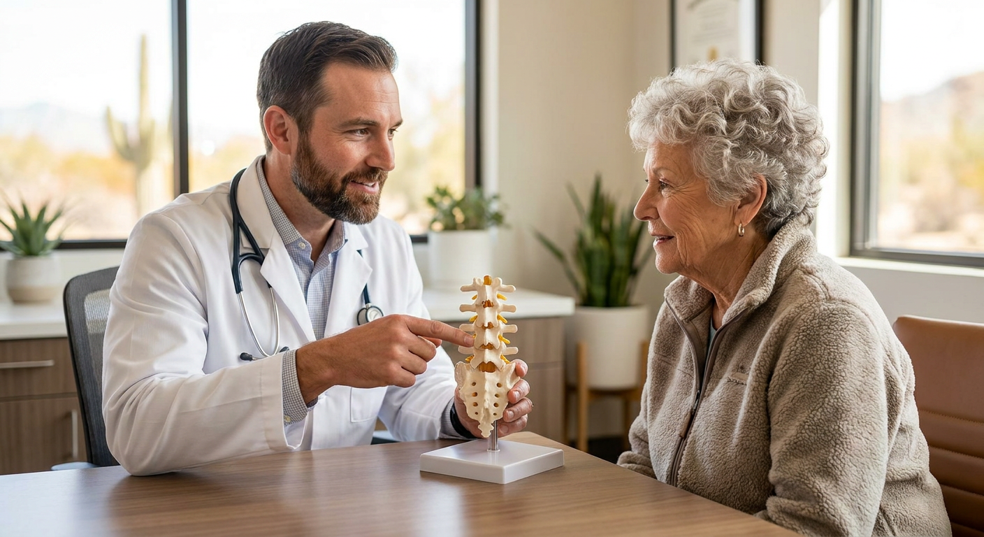 A doctor in a white coat explaining a spine and nerve model to a patient in a bright clinical setting.
