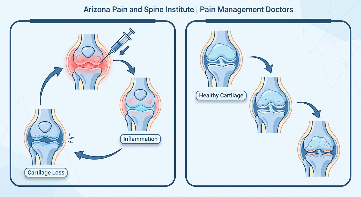 Diagram comparing the temporary inflammation masking of cortisone versus the progressive breakdown of joint cartilage.