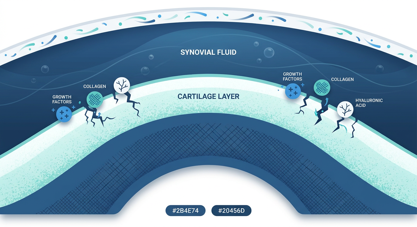 Cross-section illustration of knee cartilage being repaired by regenerative growth factors.