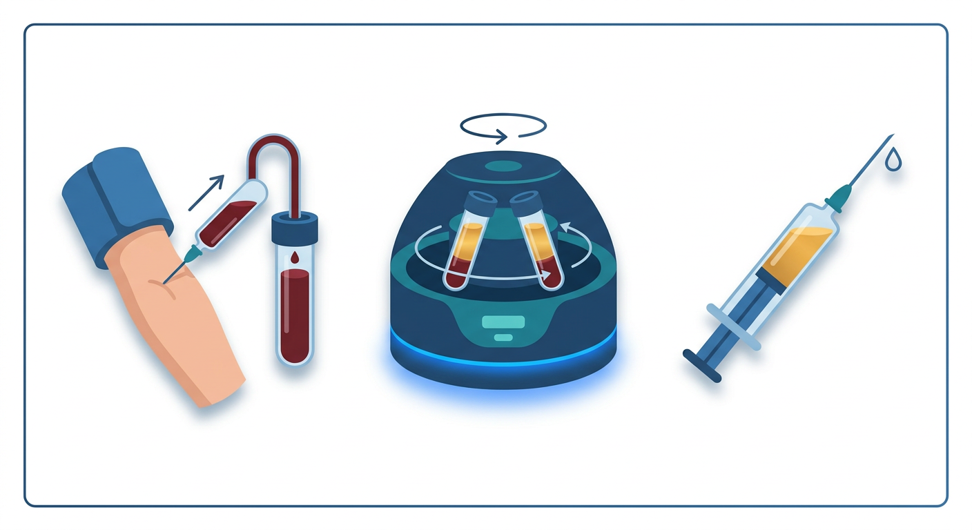 Infographic showing the three-step PRP process: blood draw, centrifugation, and injection.
