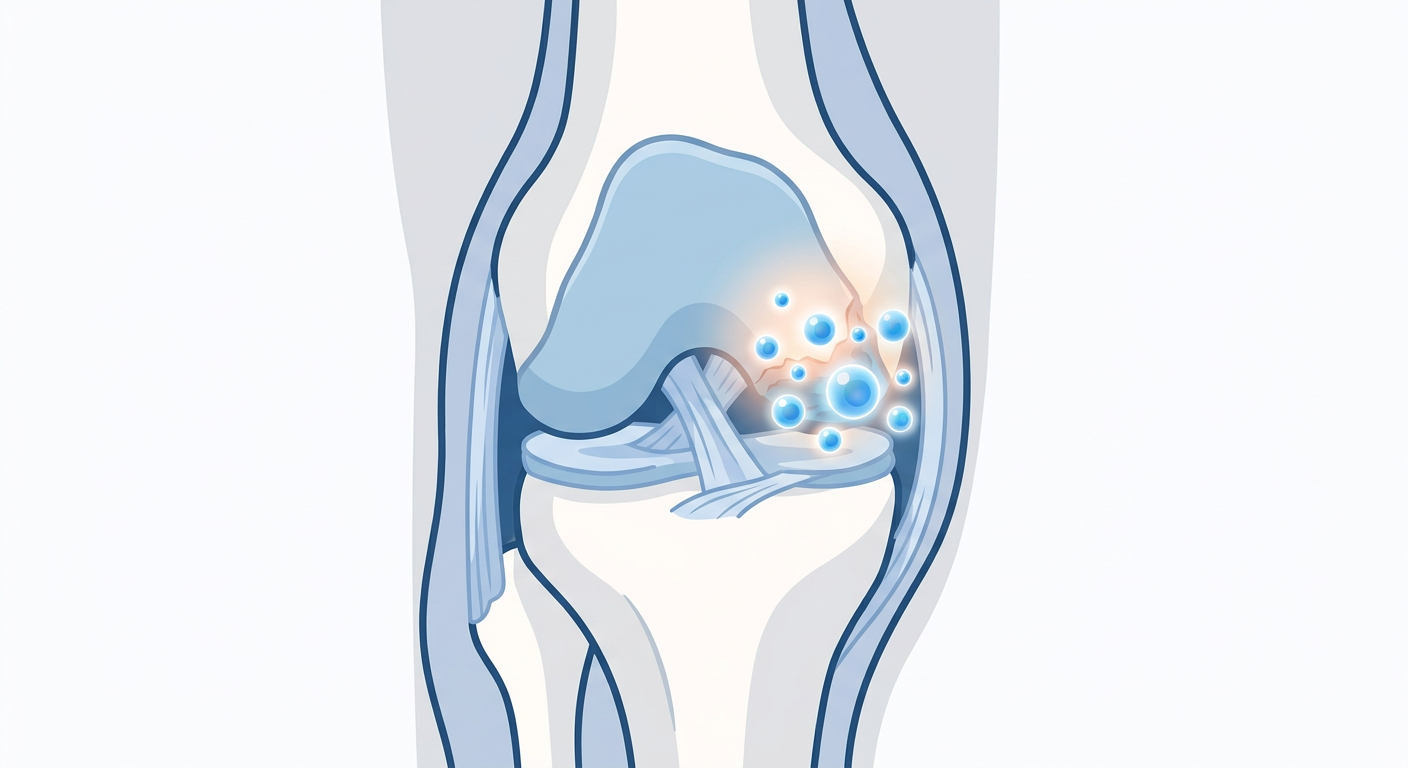 Cross-section of a knee joint showing regenerative cells repairing a damaged cartilage layer.