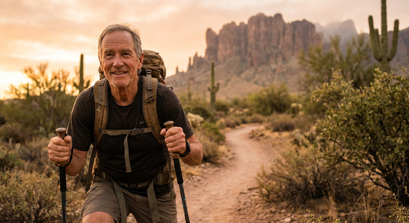 An active senior adult walking comfortably on a scenic trail in Mesa, Arizona