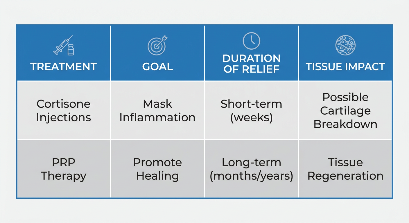 A comparison chart of PRP therapy versus cortisone injections.